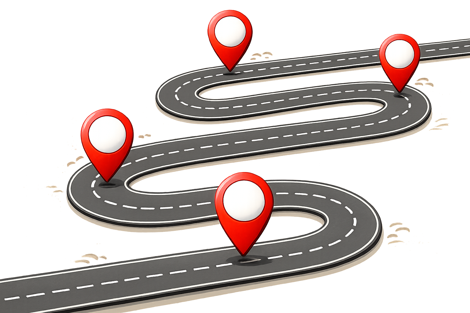 Curved road with four red map location pins marking different points along the path on a beige background.