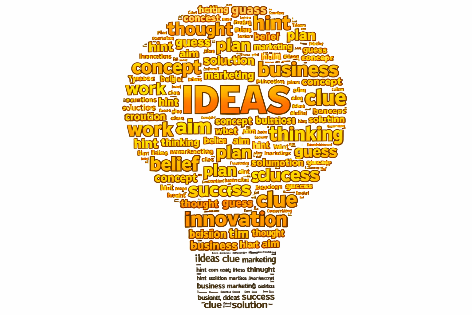 Word cloud in the shape of a light bulb with words like ideas, thinking, innovation, business, plan, and success.