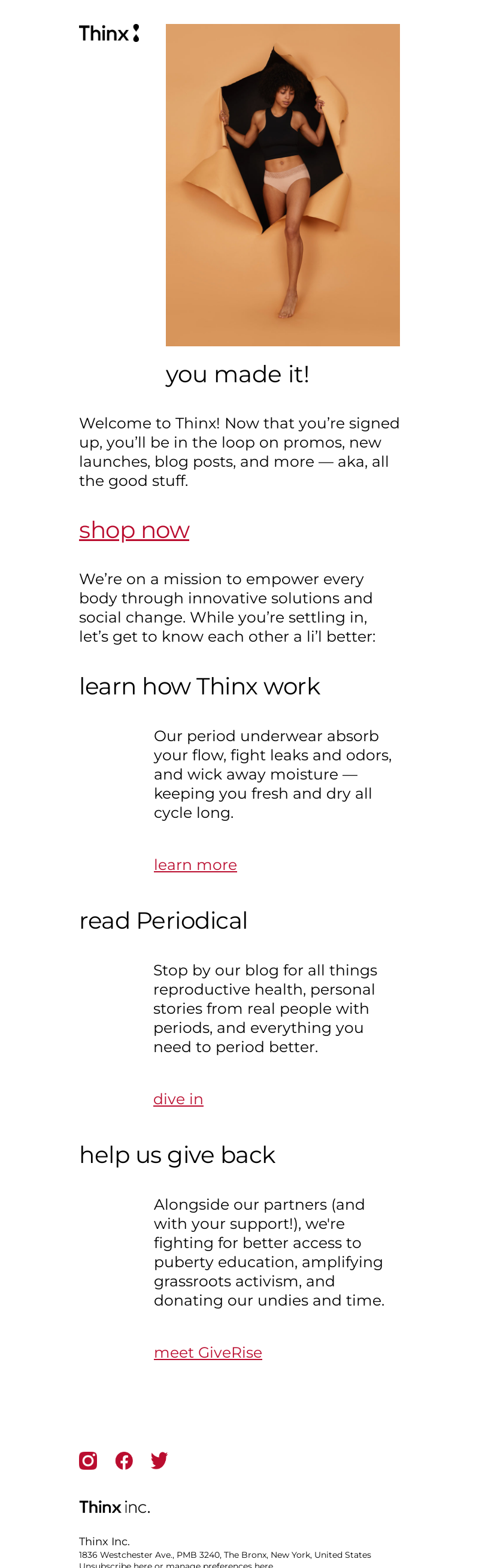 Thinx welcome email example showing clean welcome message with discount offer delivered immediately above the fold