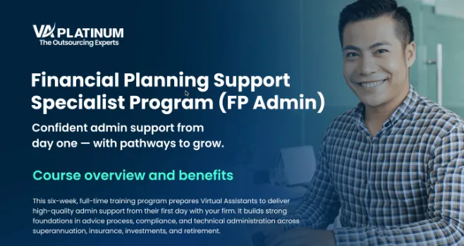 Promotional banner for VA Platinum's Financial Planning Support Specialist Program (FP Admin) featuring a smiling man in a blue checkered shirt, highlighting confident admin support from day one with pathways to grow and a course overview and benefits description.