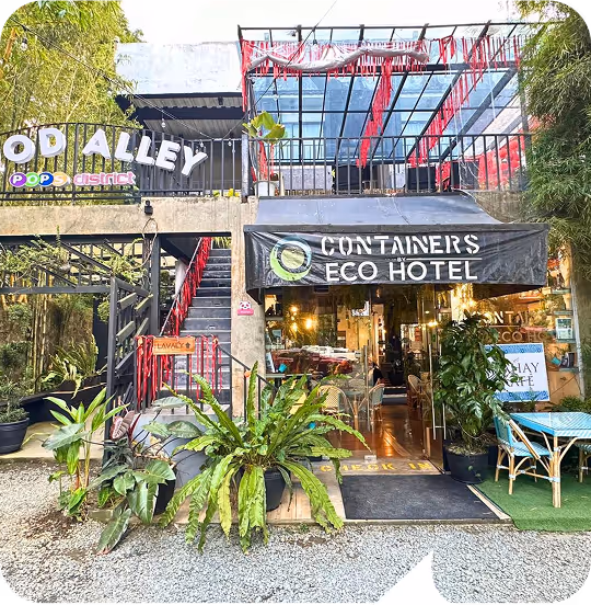 Eco Hotel location having a food alley and restaurant