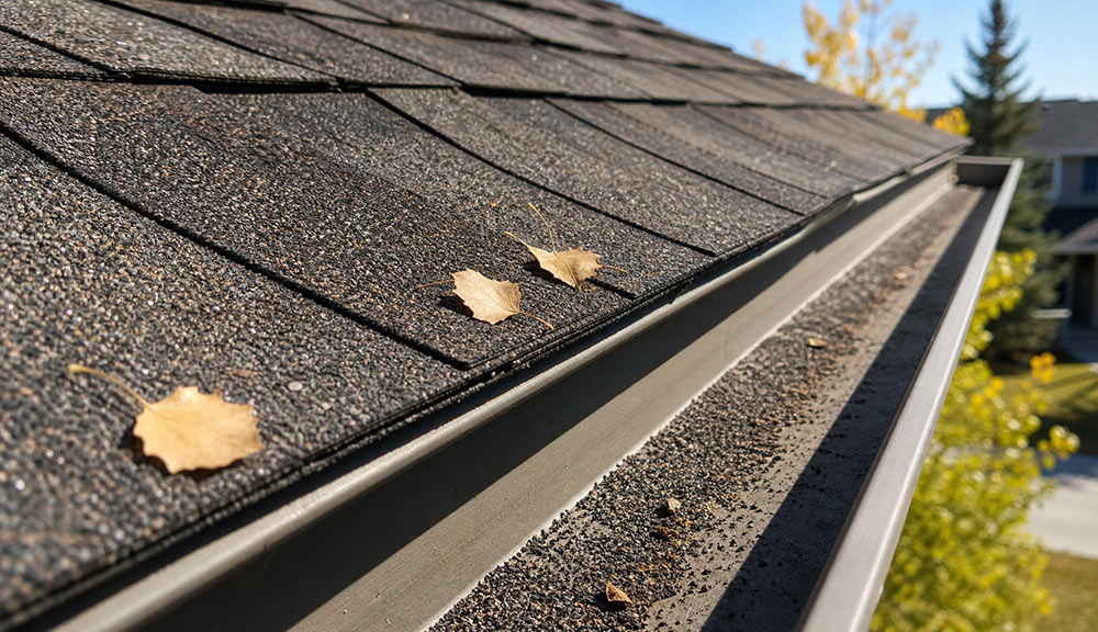 Dry asphalt shingles and early granule loss visible in a Red Deer home's eavestrough