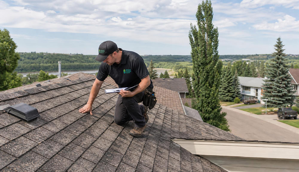 Roofing professional checking shingles, flashing, and roof condition during a Red Deer inspection