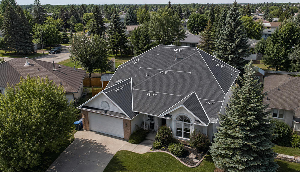 Aerial measurement of a Red Deer asphalt shingle roof before a qualification inspection