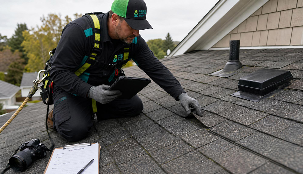 Roofing professional assessing an aging Red Deer asphalt shingle roof for signs of weathering
