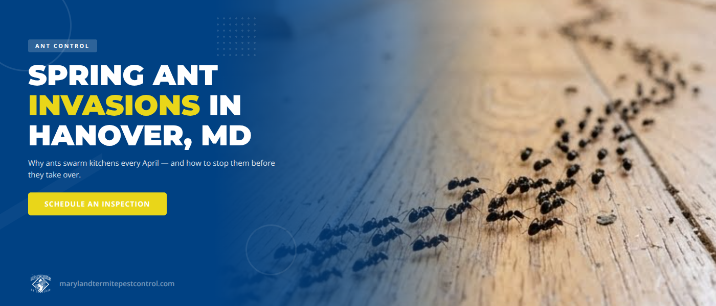 Close-up of ants trailing along a kitchen countertop in a Hanover MD home during spring