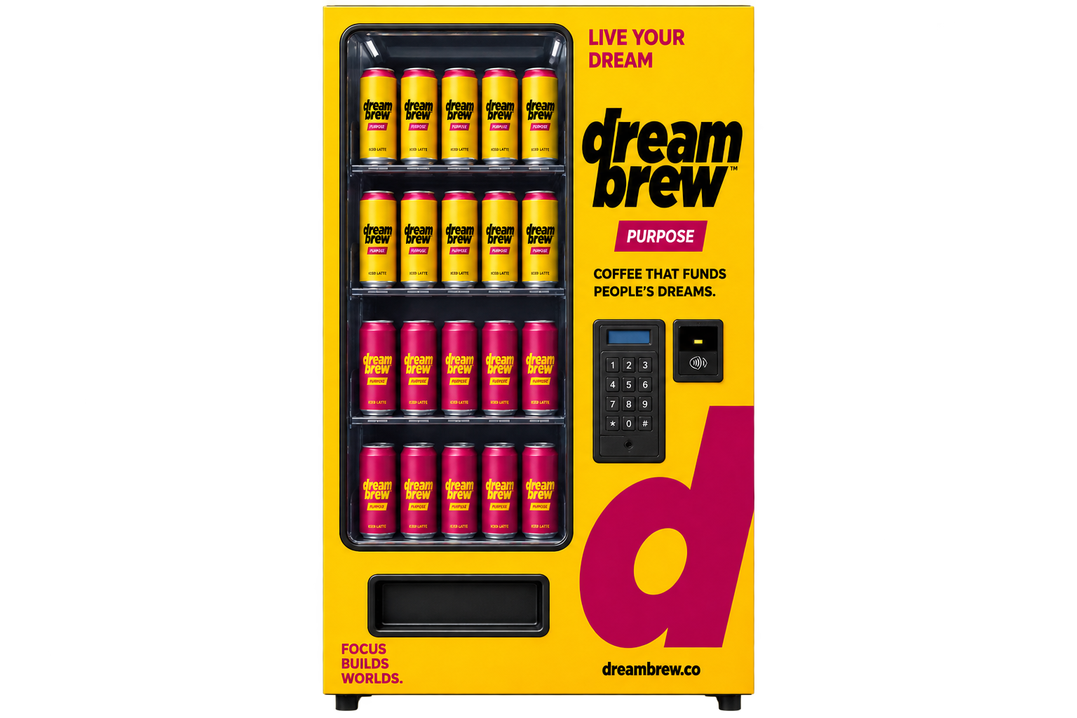 Front elevation of the DreamBrew vending machine wrap in yellow and pink
