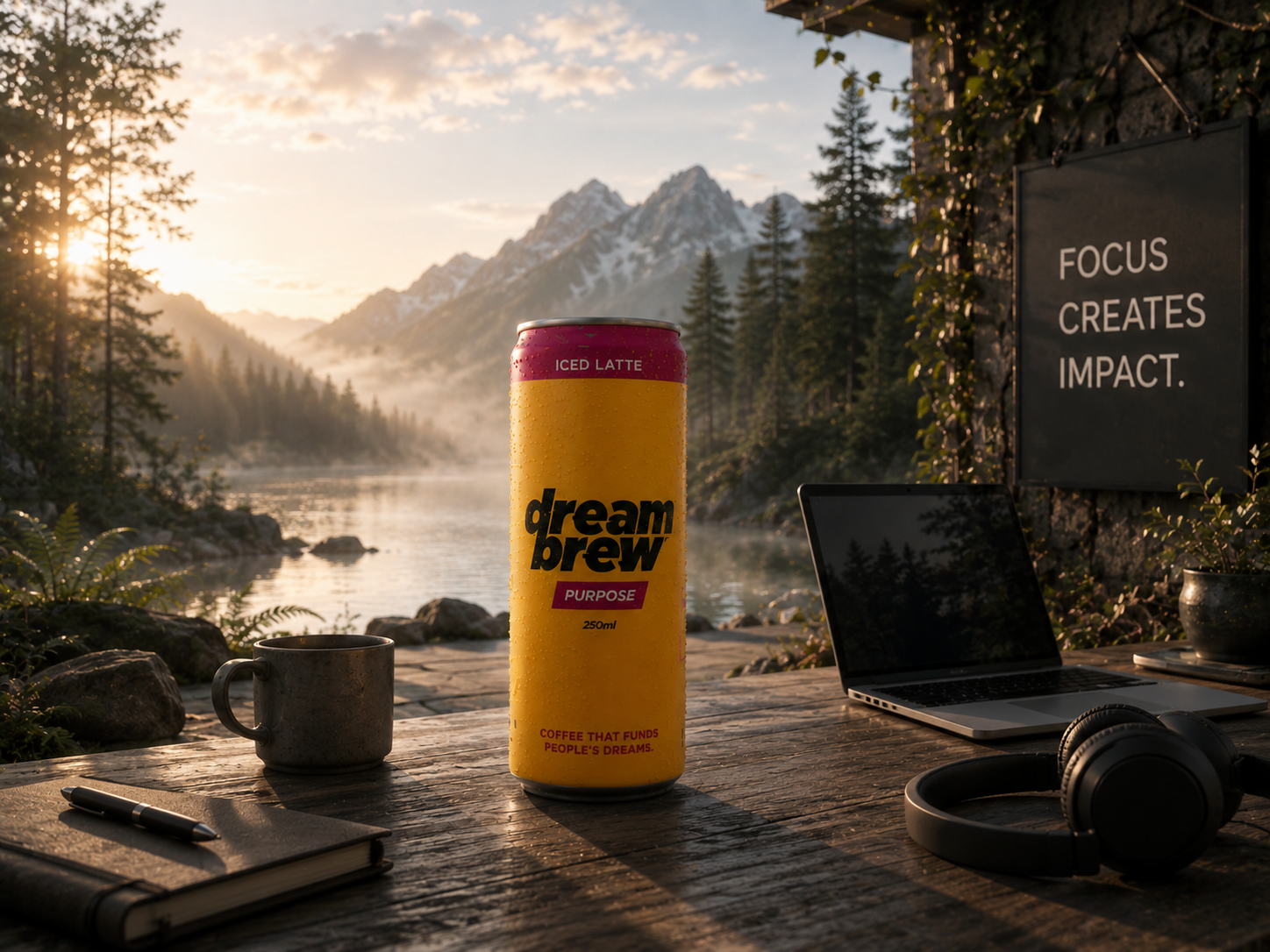 Quiet mountain lake workspace at dawn with laptop, headphones and a DreamBrew can under the line Focus Creates Impact