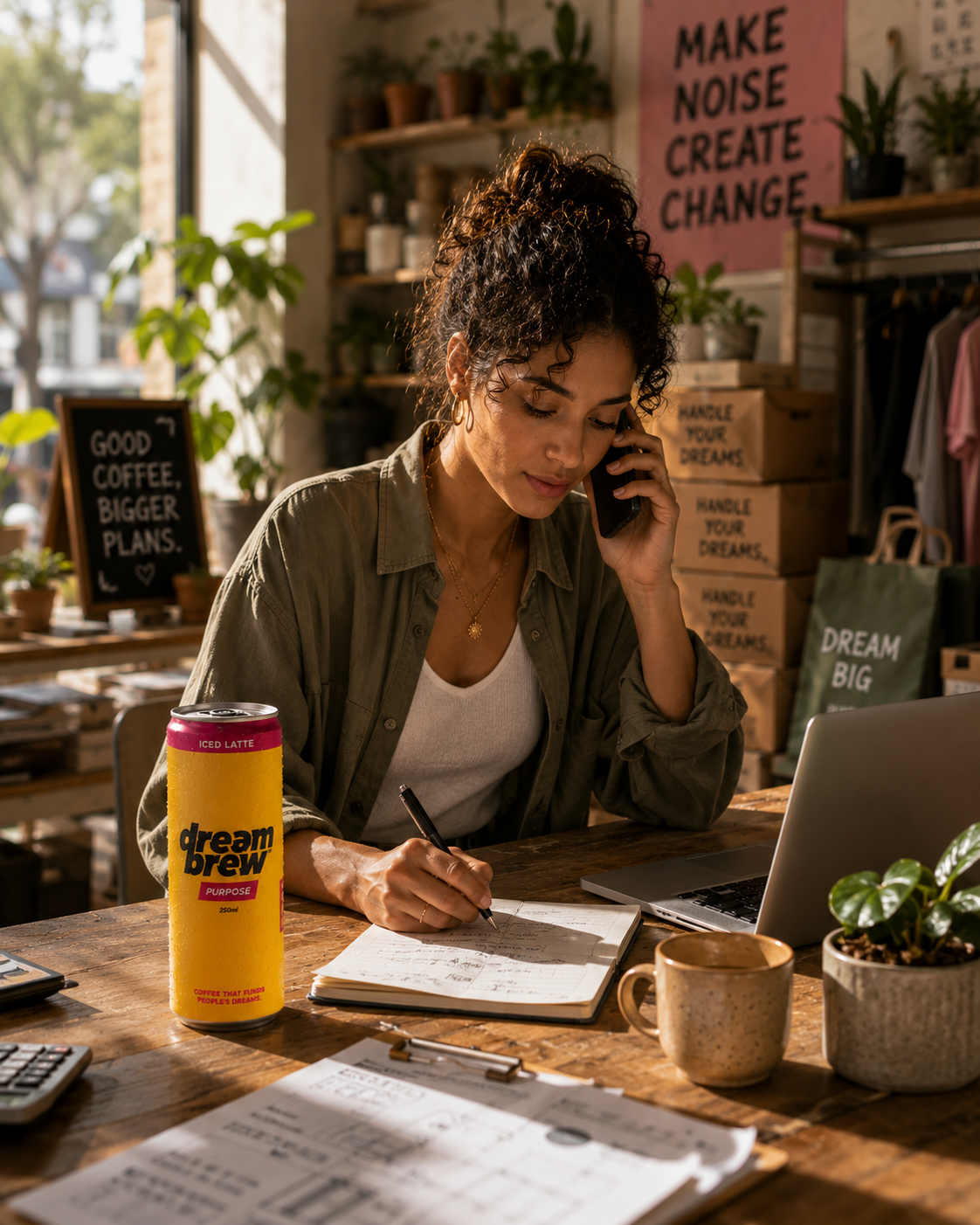 Independent shop founder taking a call and sketching plans with a DreamBrew Purpose can on the desk