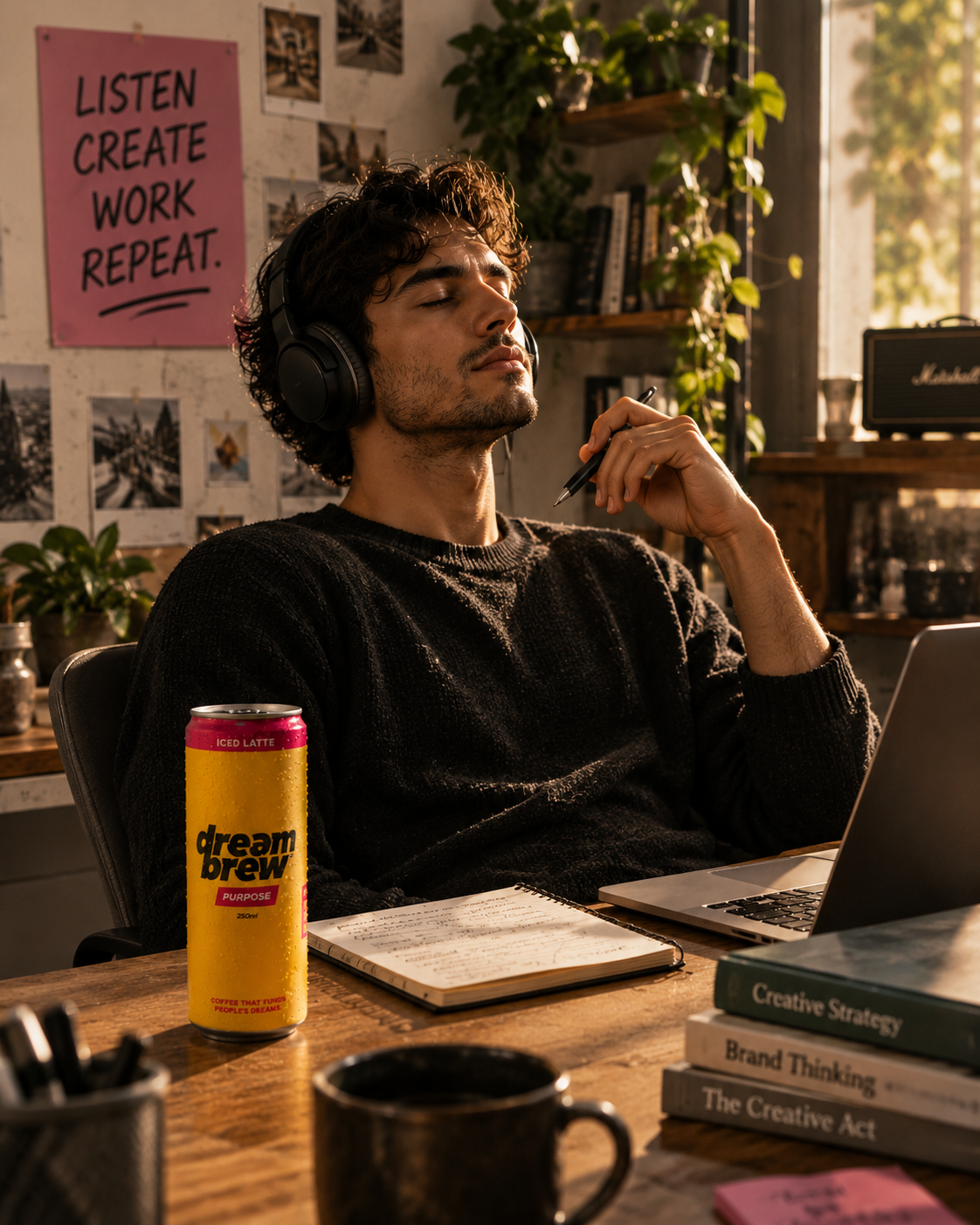 Musician in headphones pausing at a studio desk with a DreamBrew Purpose can