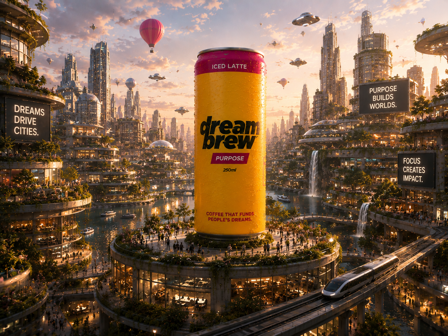 Futuristic city skyline at golden hour centred on a giant DreamBrew Purpose can