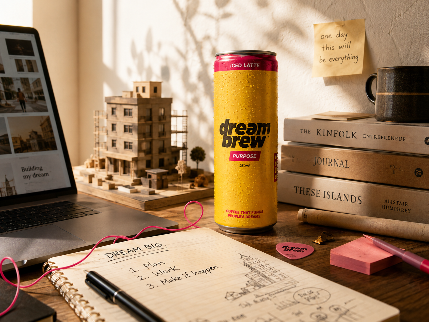 DreamBrew Purpose can on a morning desk beside an open notebook reading Dream Big: plan, work, make it happen
