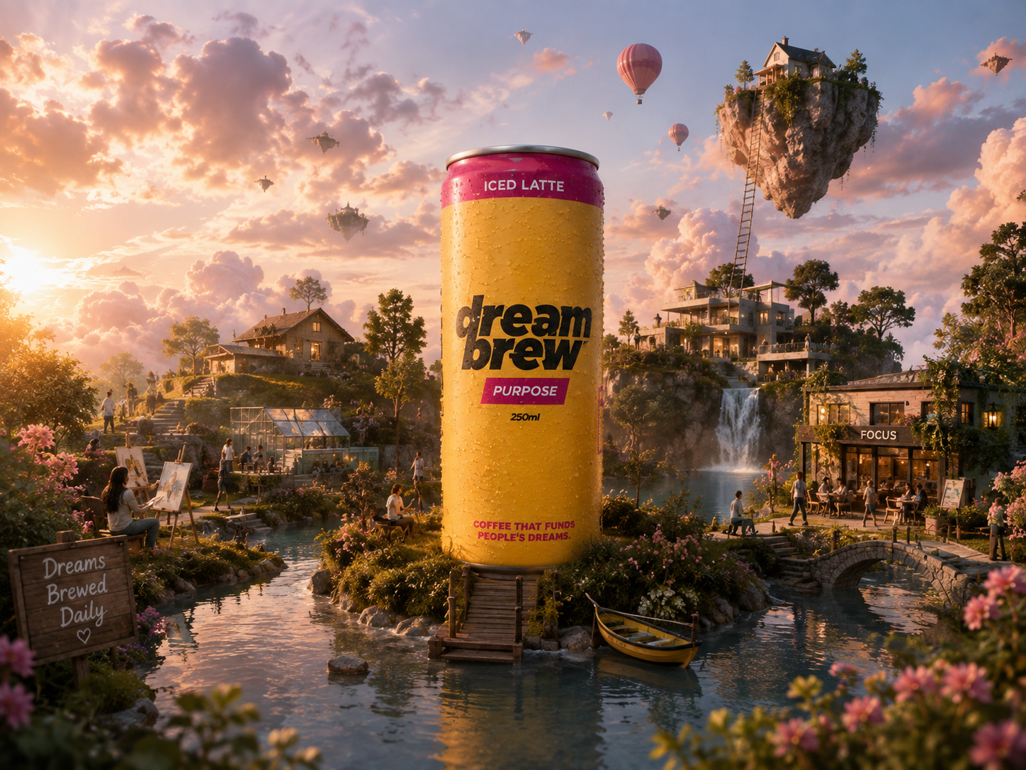 Miniature floating island village at sunrise built around a giant DreamBrew Purpose can