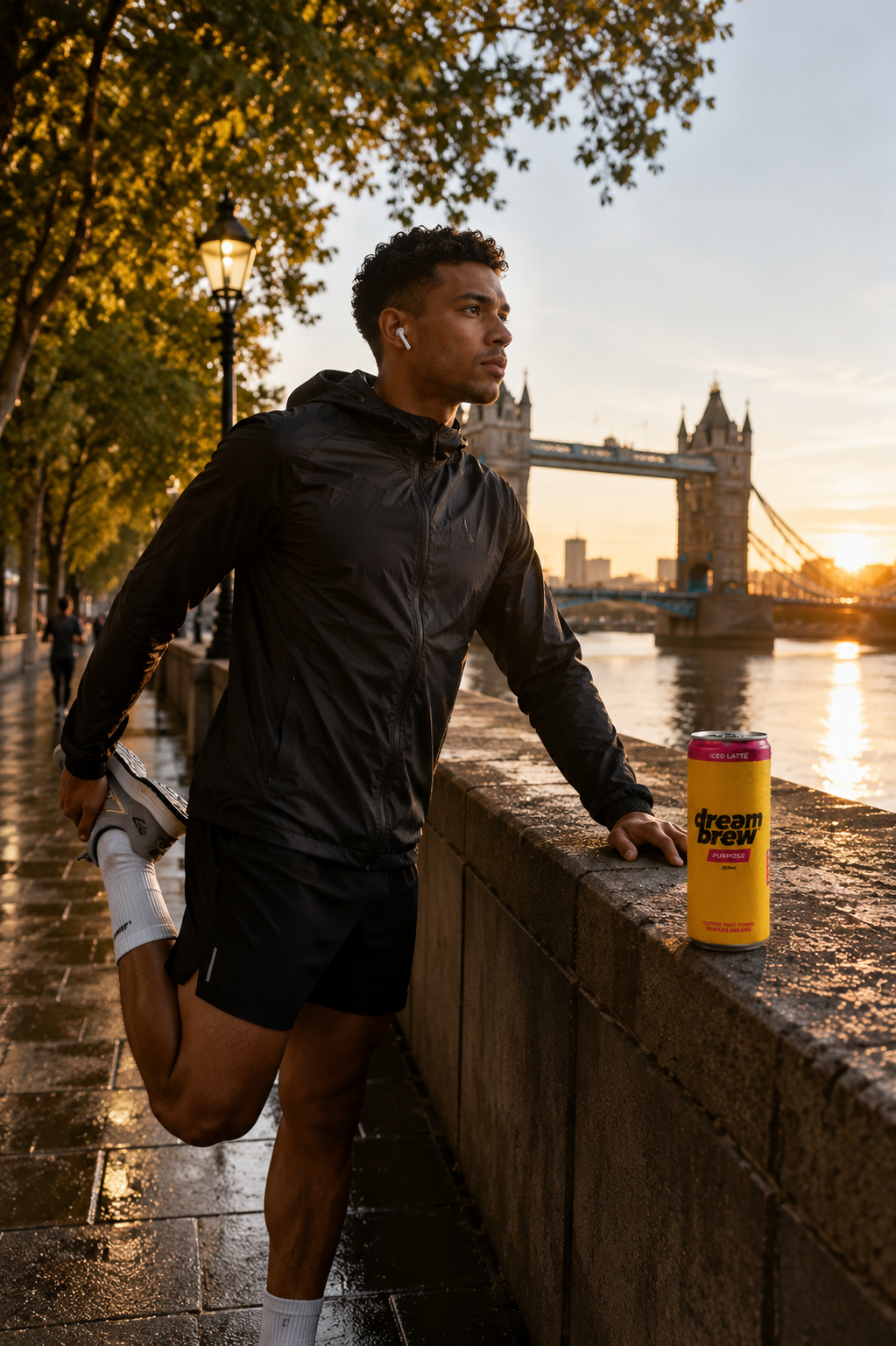 Runner stretching at sunrise beside Tower Bridge in London with a DreamBrew Purpose can