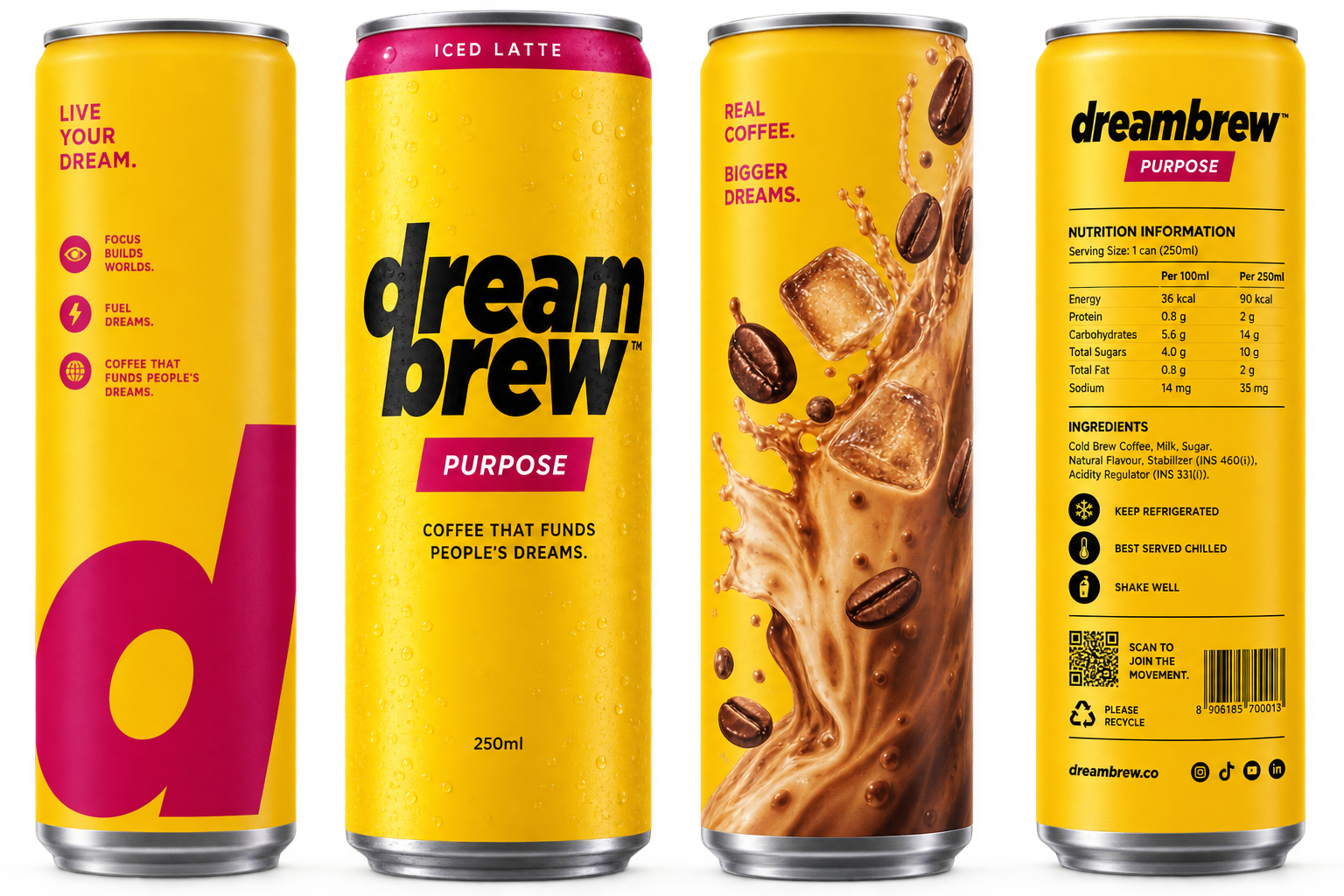 Flat can artwork showing all four panels of DreamBrew Purpose including the nutrition and ingredients panel