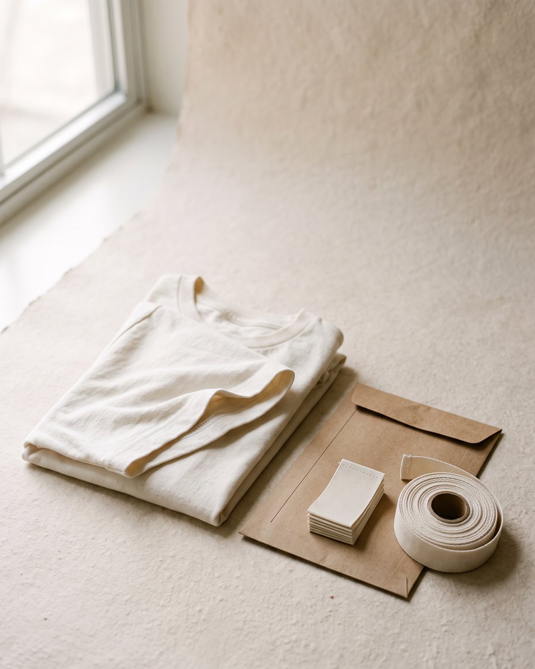 A single folded cotton t-shirt with a kraft mailer and blank labels, representing a lean fashion brand launch
