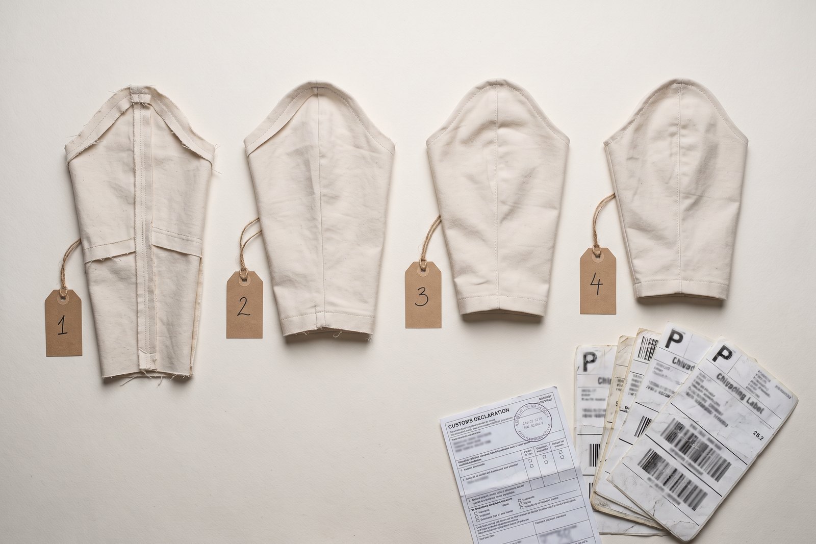 Four versions of the same garment sleeve with numbered tags, showing multiple sampling rounds