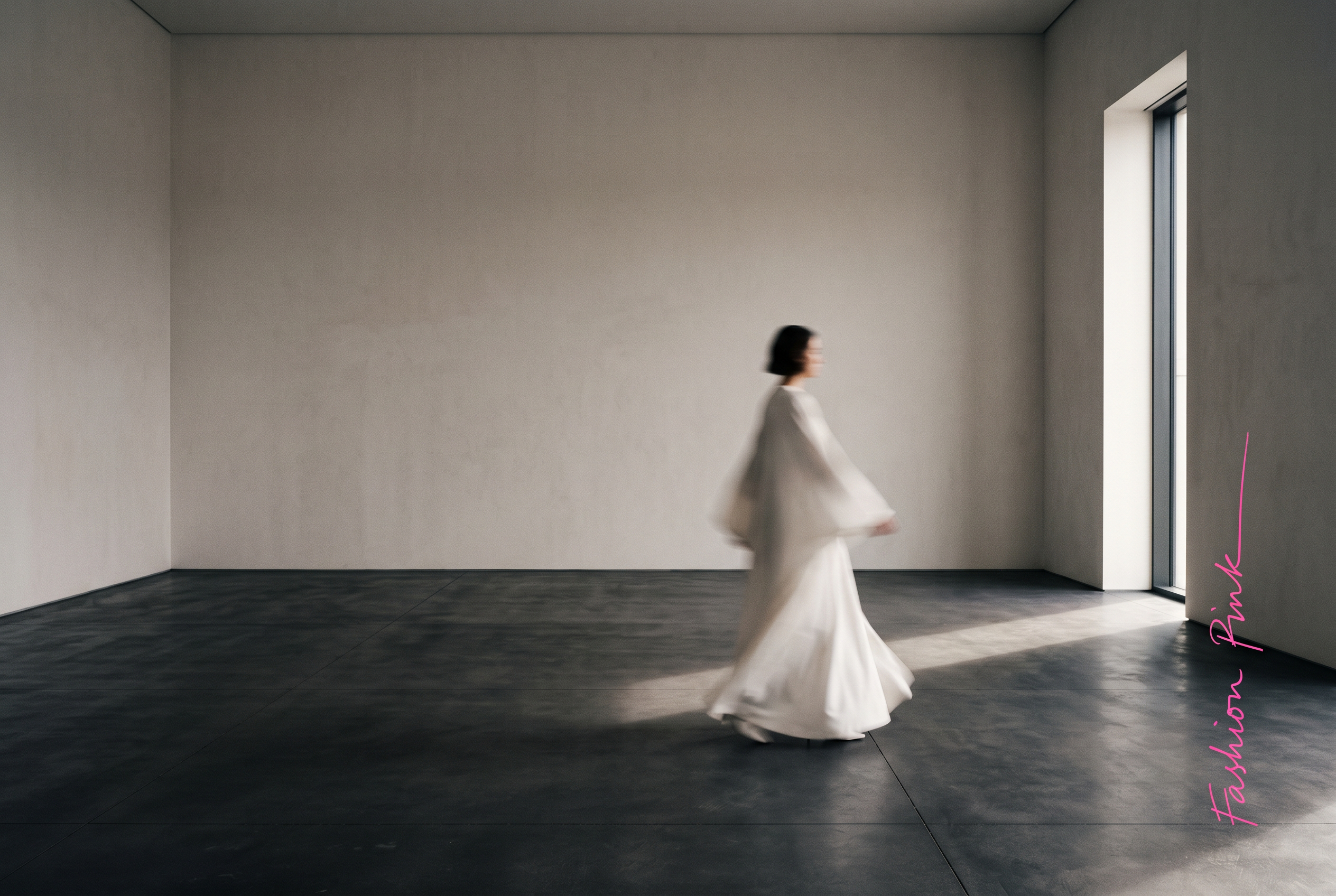 Fashion NUT Research Issue No. 02 cover: a single motion-blurred figure in a vast empty concrete gallery, with a handwritten Fashion Pink annotation mark drawn over the frame. AI-generated image.