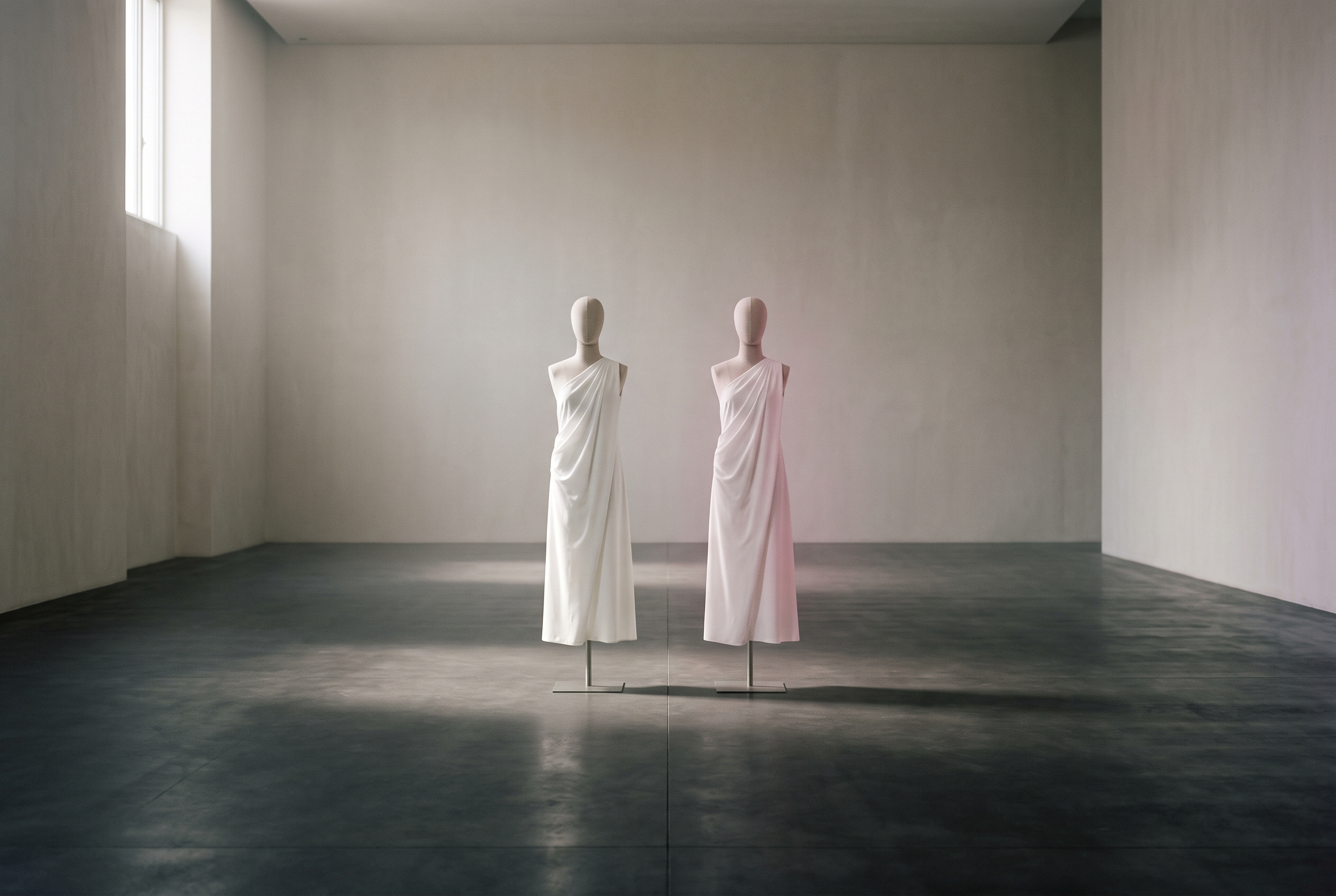 Two identical linen dress forms wearing the same white garment in an empty concrete gallery, one touched by faint pink light. AI-generated image.