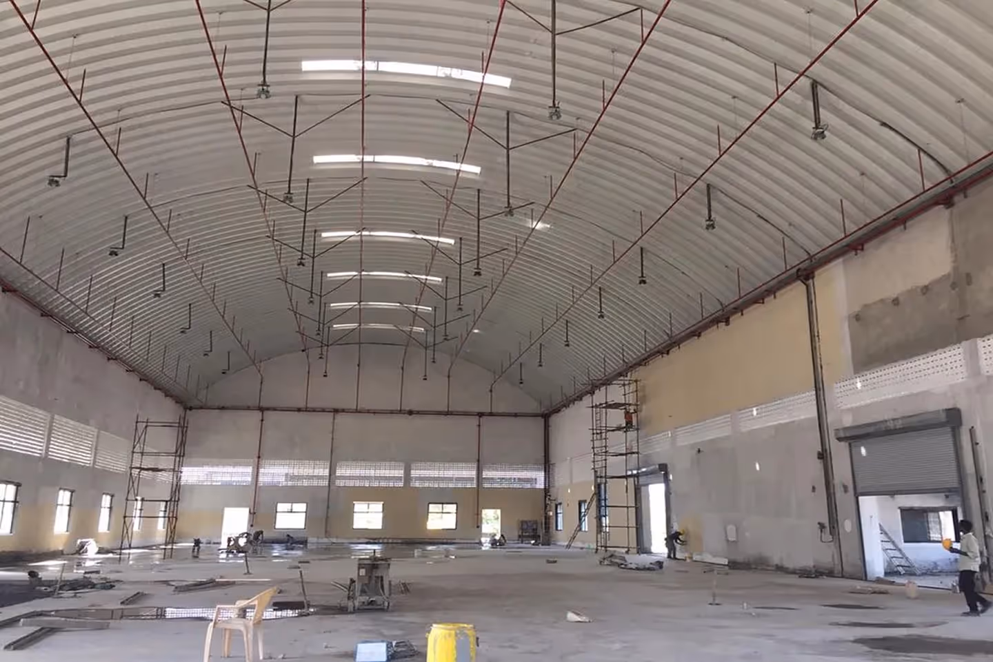 Sprinkler system installed under Proflex steel roofing
