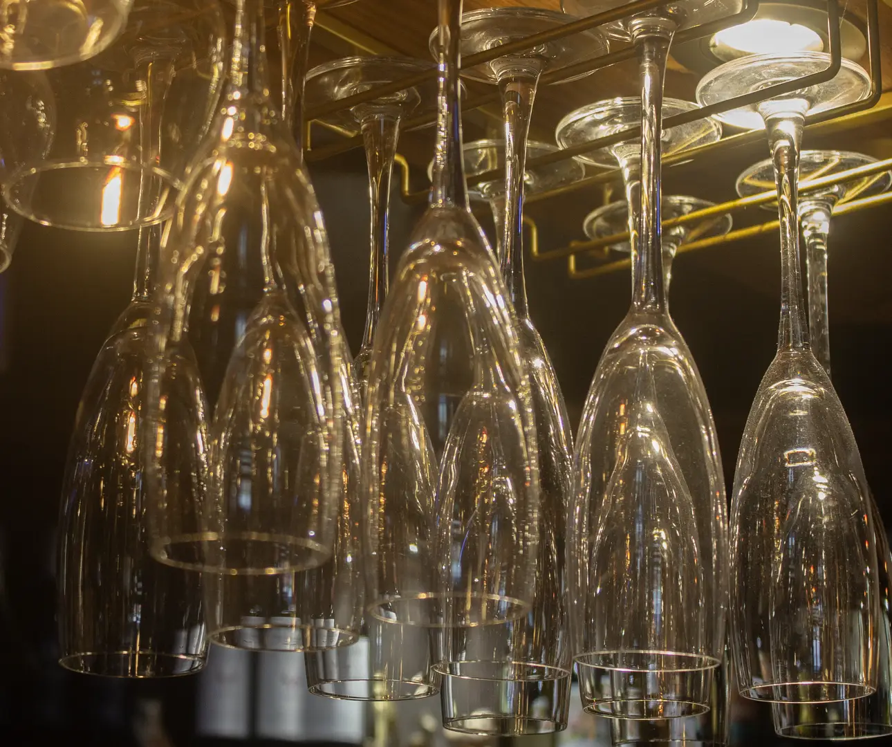 Glasses hung in a central bristol pub 