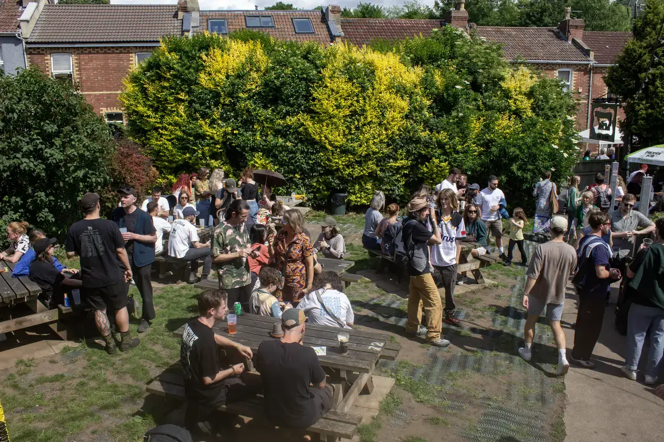 Busy and sunny pub garden at The Farm, St Werburghs, Bristol