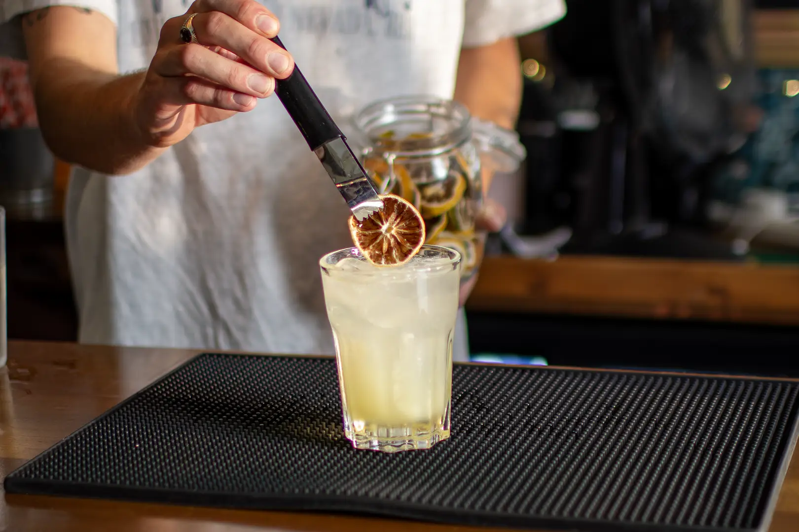 orange slice garnish on a freshly made classic cocktail.
