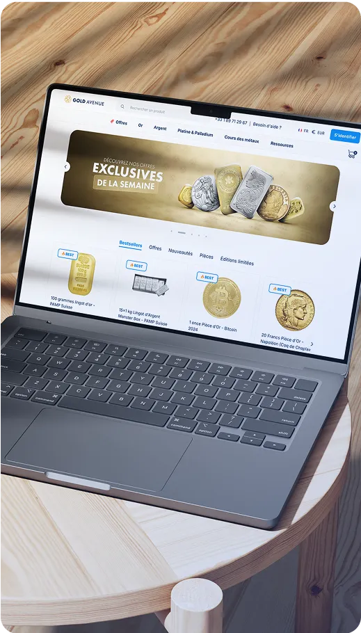Ordinateur portable affichant un site e-commerce spécialisé dans l’achat de pièces et lingots d’or, avec une bannière mettant en avant les offres exclusives de la semaine