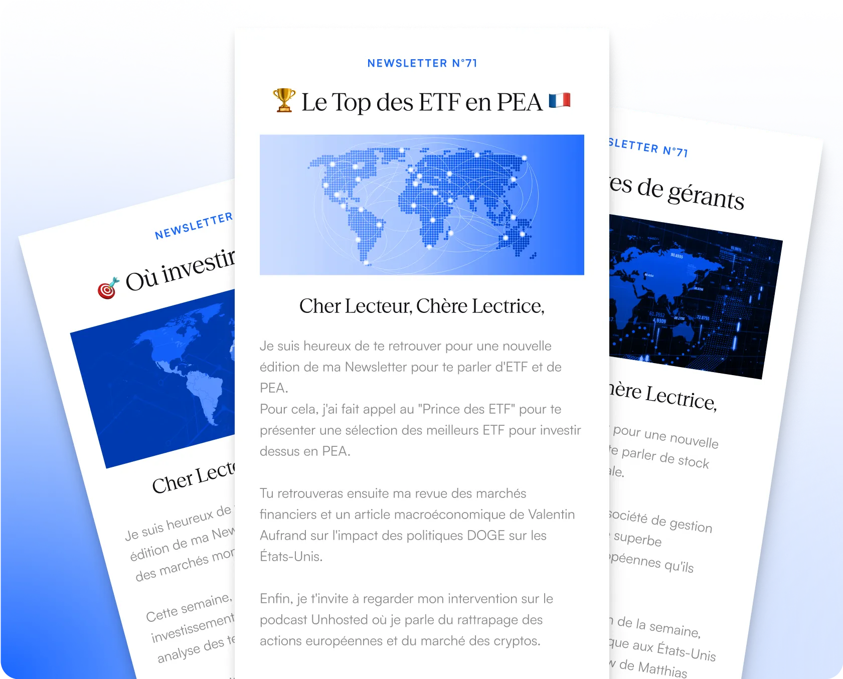Capture de trois newsletters financières présentant des conseils d’investissement en ETF via un PEA, avec titres en français et carte du monde en illustration.