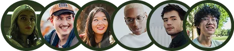 Série de six portraits circulaires avec un contour vert foncé, représentant un groupe diversifié de jeunes adultes.