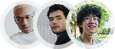 Trois portraits circulaires de jeunes hommes alignés, souriants, avec des arrière-plans lumineux.