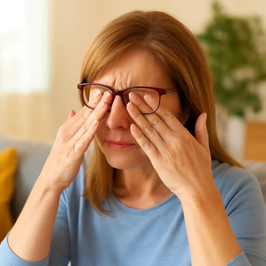 Femme de 40 ans frottant ses yeux, gênée par une sécheresse oculaire en fin de journée