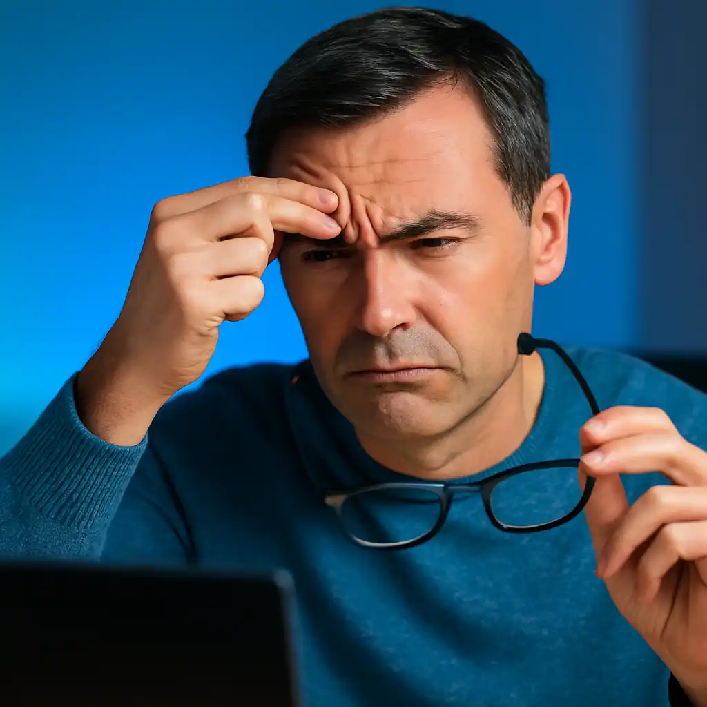Homme de 40 ans fronçant les sourcils devant un écran, lunettes en main, l’air incertain