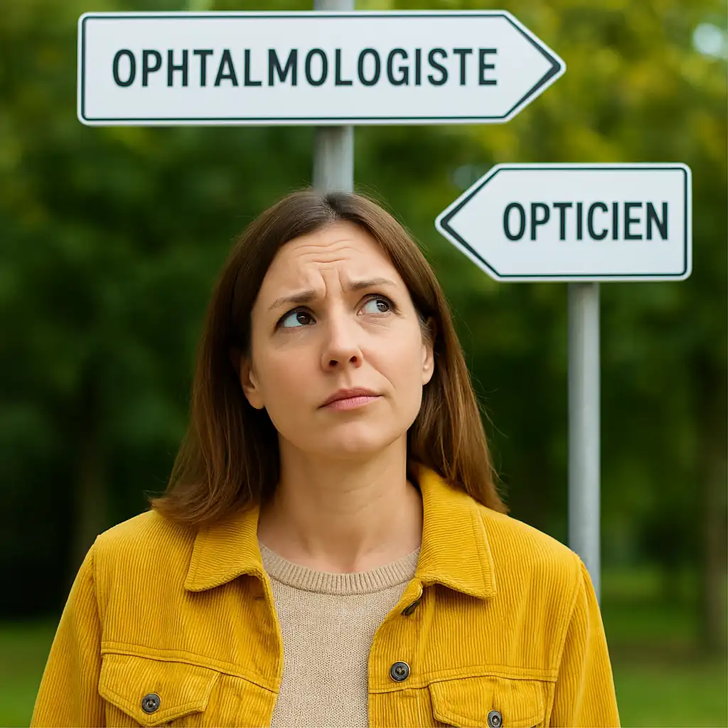 Femme qui regarde deux pancartes fléchées : ophtalmologiste ou opticien, l’air hésitante