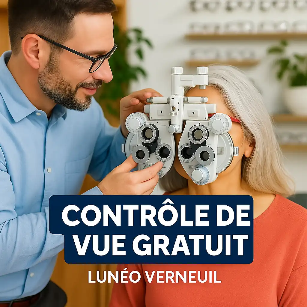 Opticien en train de faire passer un test de vue à une femme de 50 ans dans une boutique moderne