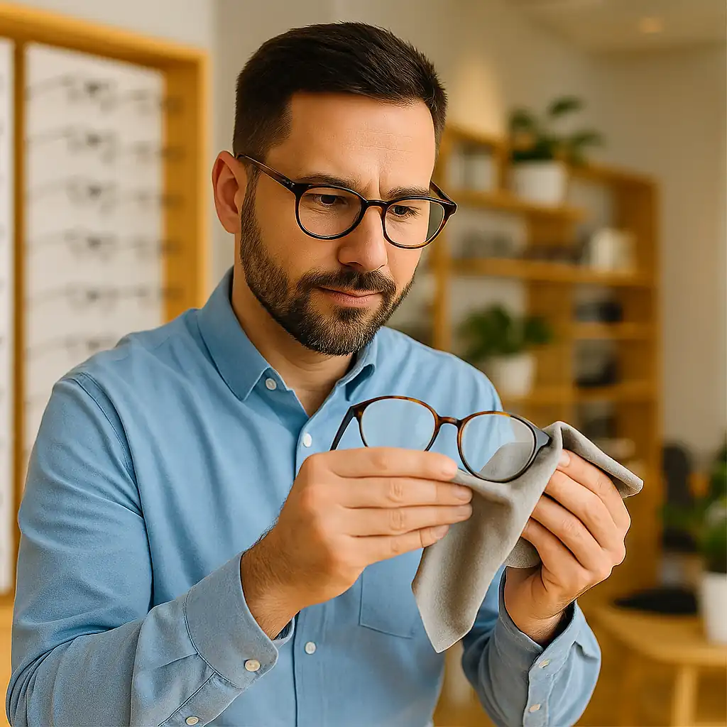 Homme nettoyant ses lunettes avec une microfibre dans une boutique d’optique moderne
