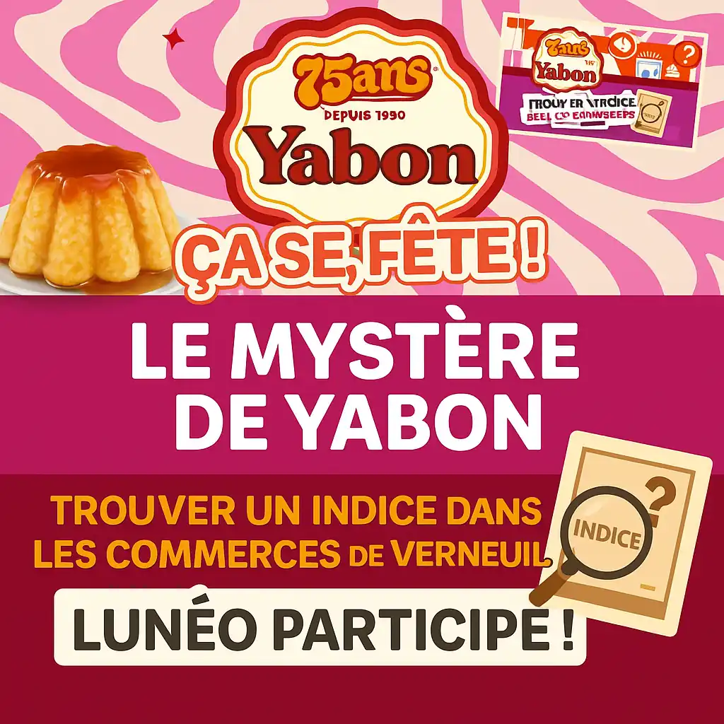 Affiche colorée de l’événement Mystère de Yabon avec gâteau de riz, indice à trouver, et commerces participants comme Lunéo