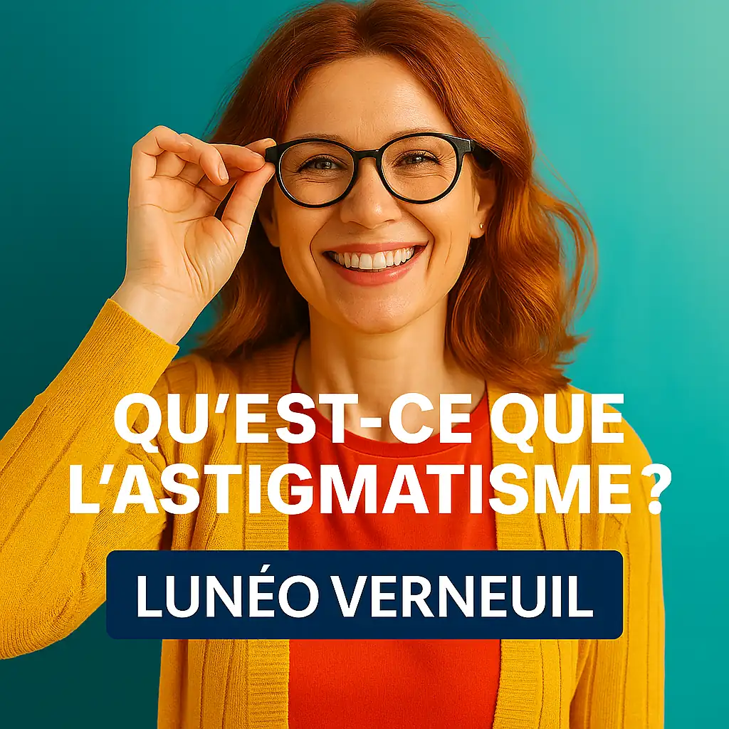 Femme en chemisier coloré découvrant une vision nette après avoir essayé des lunettes correctrices chez Lunéo
