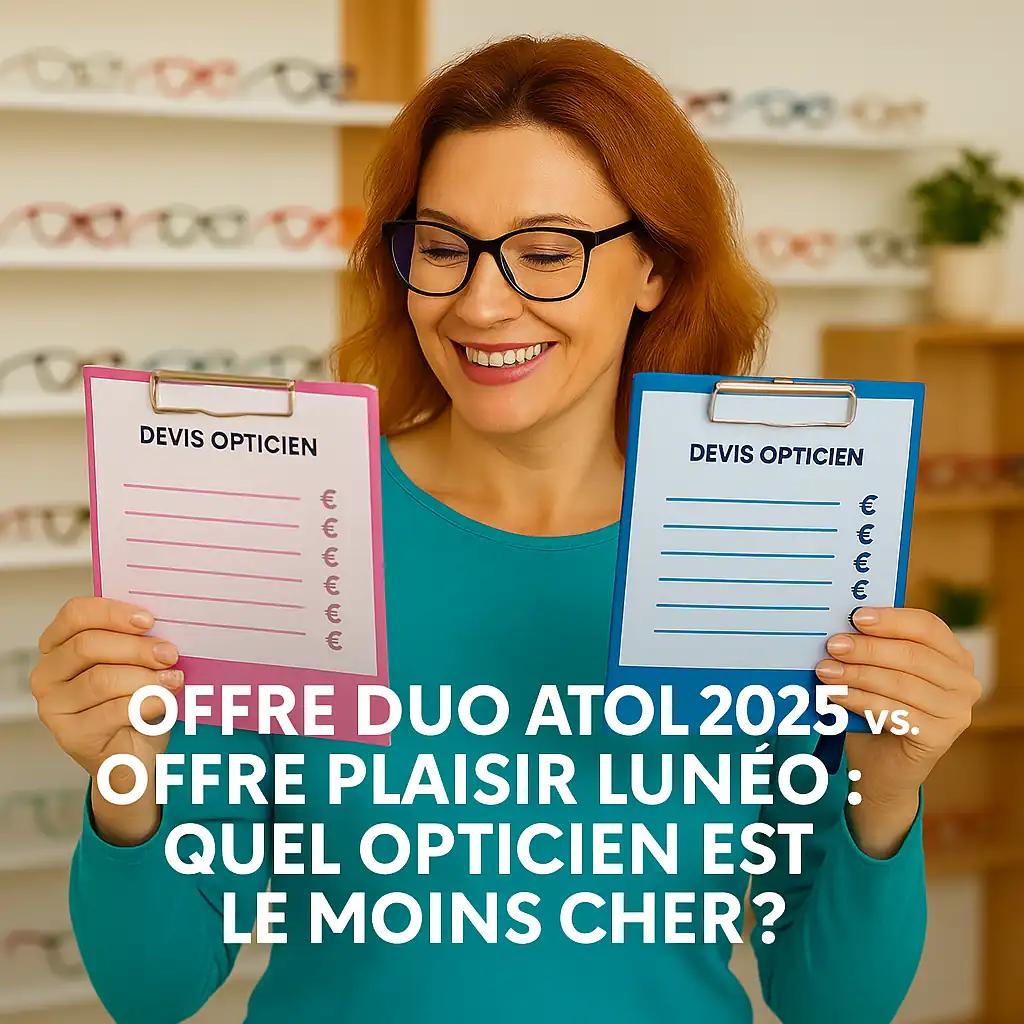 Femme comparant deux devis d’opticiens, souriante et entourée de montures colorées dans une boutique moderne