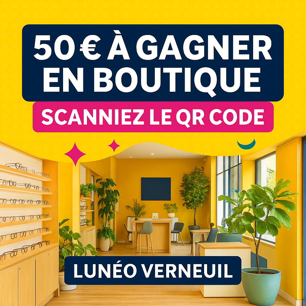 Affiche colorée annonçant un jeu concours pour gagner 50 € en bons d'achat chez Lunéo Verneuil, dans une boutique moderne et végétale