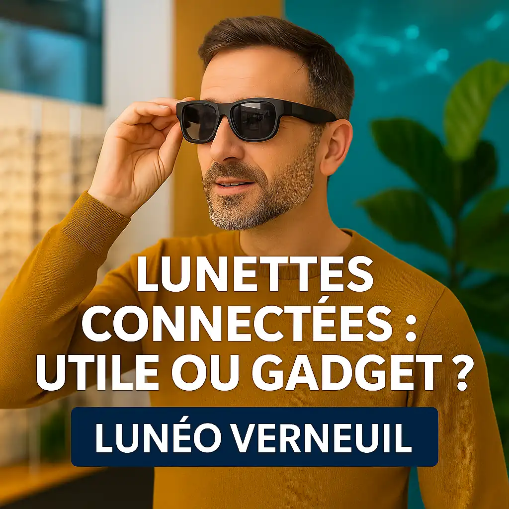 Homme essayant des lunettes connectées modernes chez un opticien, dans une ambiance tech et végétale Nom de fichier SEO :