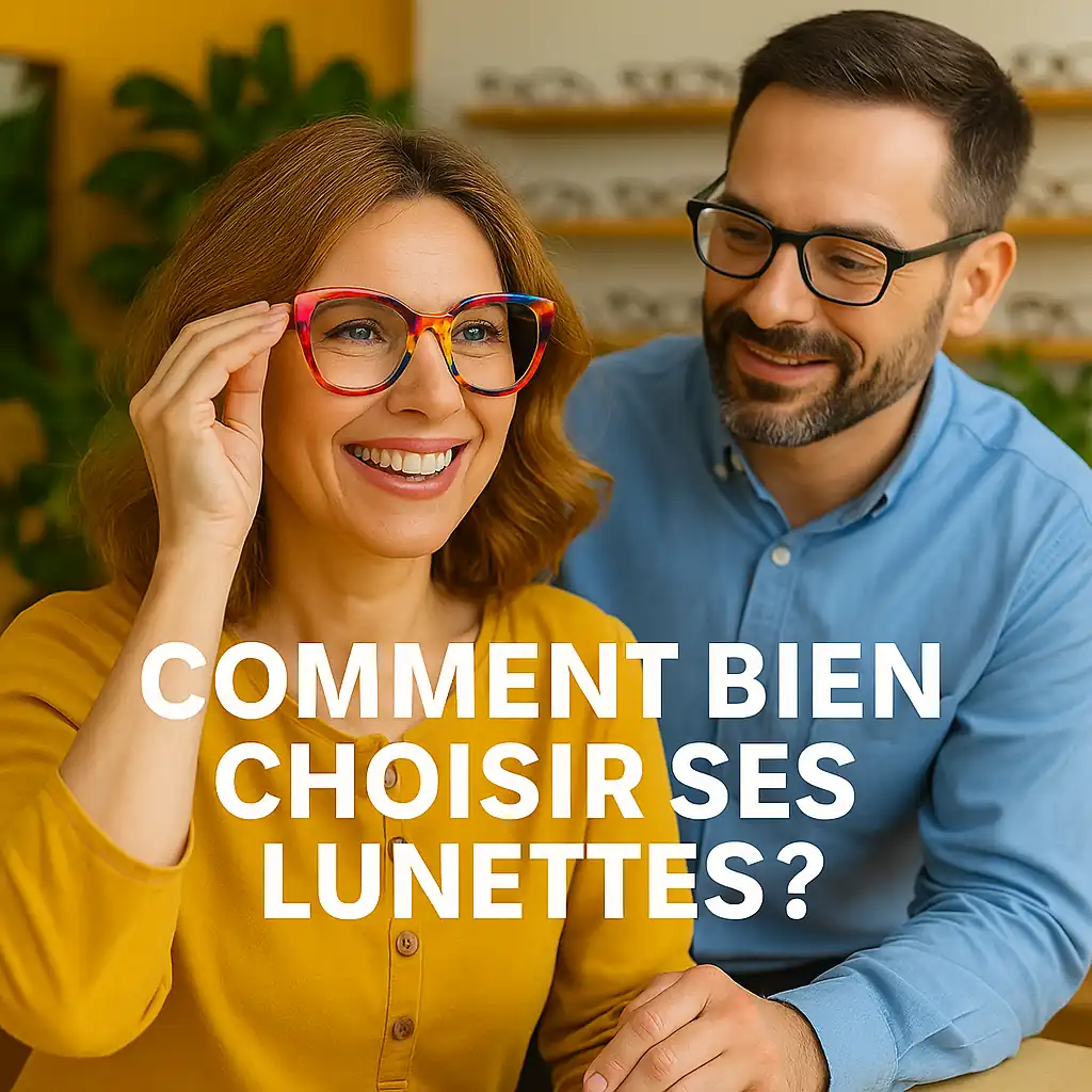 Femme essayant des montures colorées et originales, accompagnée d’un opticien dans une boutique végétale et chaleureuse