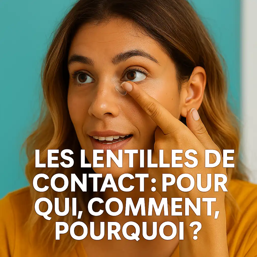 Femme posant une lentille de contact devant un miroir, dans un cadre lumineux et moderne