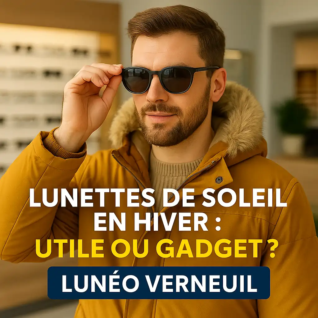 Homme en manteau d’hiver essayant des lunettes de soleil dans une boutique d’optique moderne