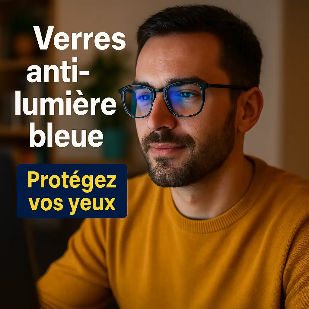 Porteur de lunettes regardant un écran d’ordinateur, avec un reflet bleu filtré par ses verres