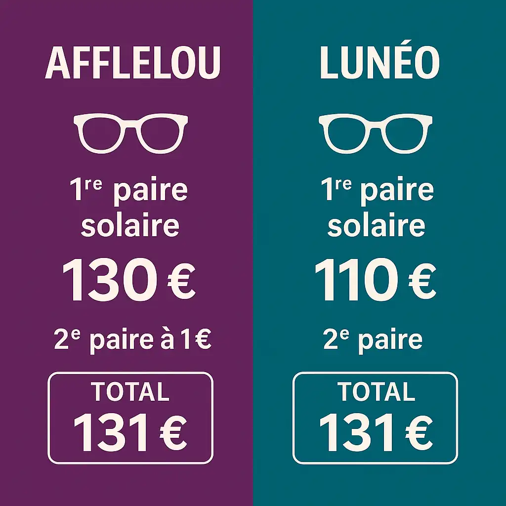 Image comparant deux devis d’opticiens : offre Afflelou 2e paire à 1 € vs Lunéo Offre Plaisir