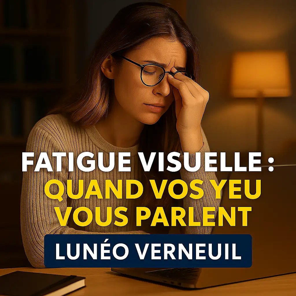 Femme assise devant un ordinateur, lunettes sur le nez, avec les yeux fatigués et une lumière tamisée – Lunéo Verneuil