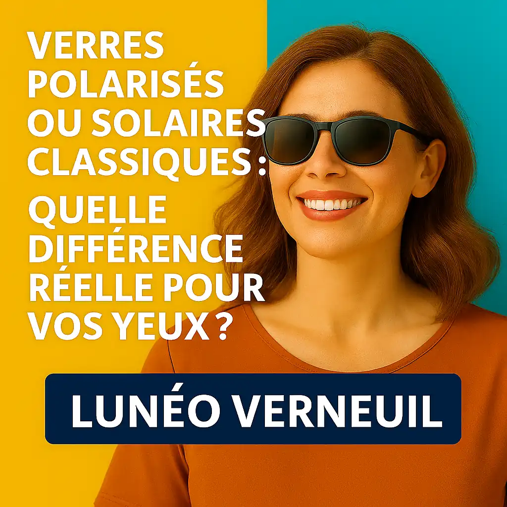 Homme souriant portant des lunettes modernes, avec texte explicatif sur les verres progressifs ou double foyer – Lunéo Verneuil