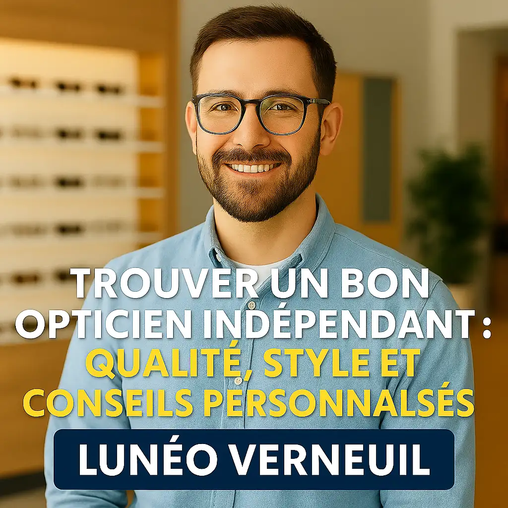 Une femme souriante essaie des lunettes dans une boutique moderne, illustrant l'accueil personnalisé chez un opticien indépendant à Verneuil.