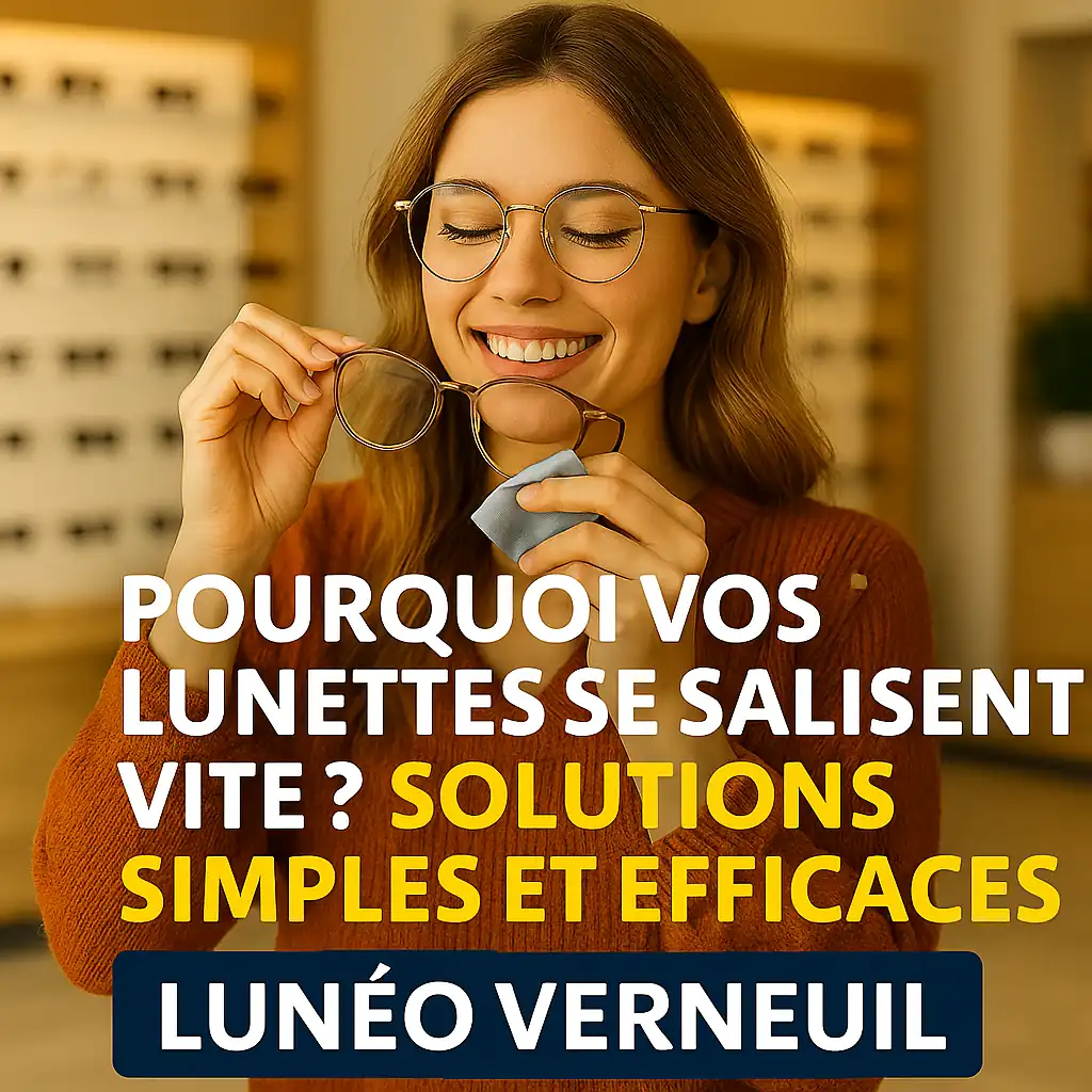 Jeune femme souriante nettoyant ses lunettes avec un chiffon microfibre dans une boutique moderne – opticien Lunéo Verneuil